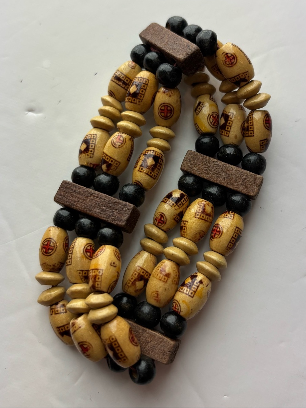 Boho Multistrand Wood Beaded Stretch Bracelet Tribal Geometric Print